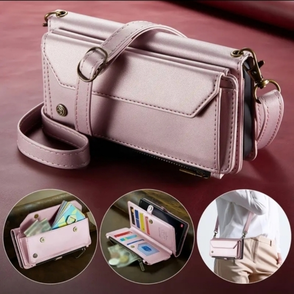 Galaxy Z Fold Wallet Card Holder Phone Case/Crossbody Bag Leather Pink S21 Plus - Picture 3 of 10